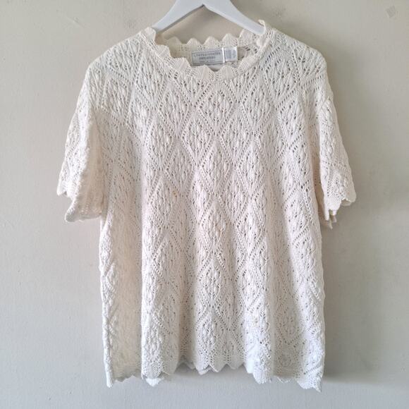 US Sweaters Ivory Leaf Design Scallop Crew Neck S/S Sweater -L - Picture 1 of 12